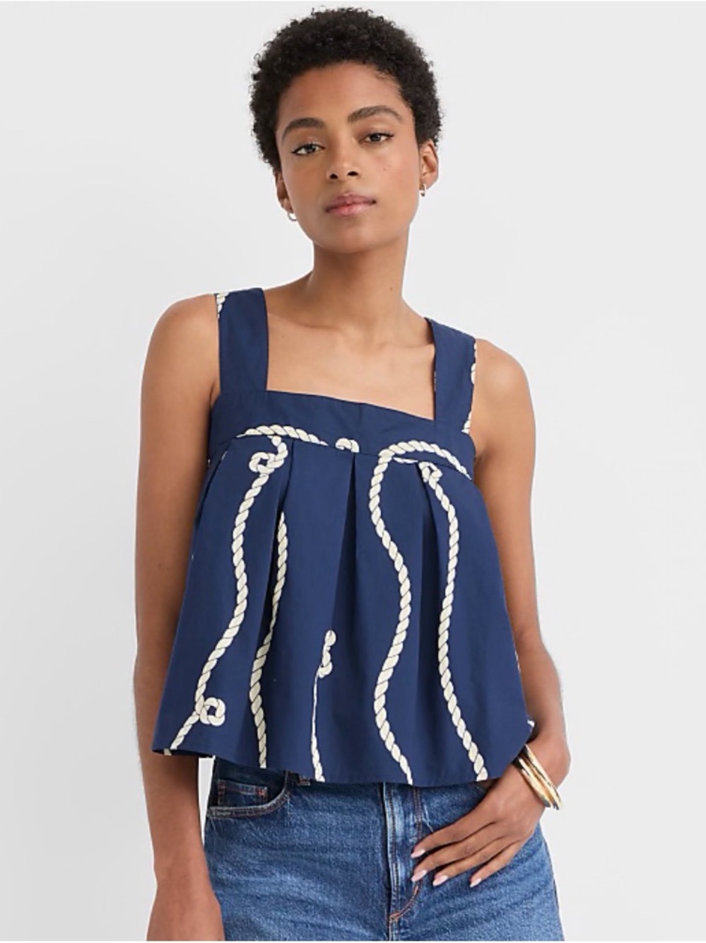 Navy Nautical Motif Square Neck Tank Top
